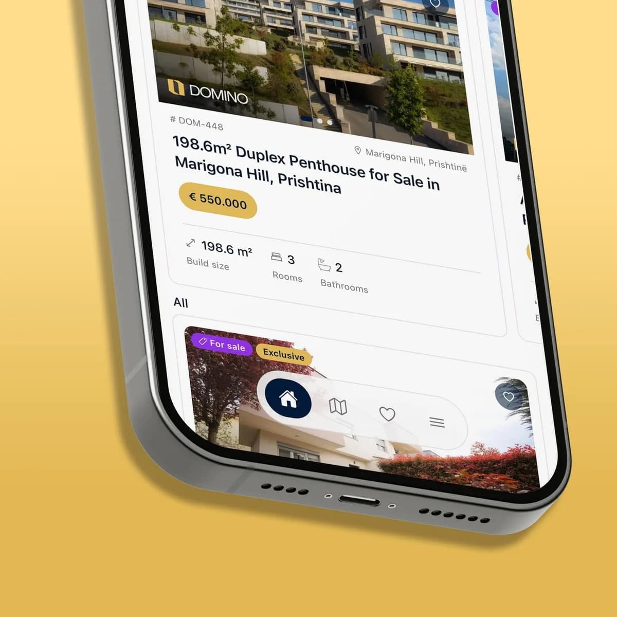 Domino client app listings screen with its tab bar, close up on a gold background