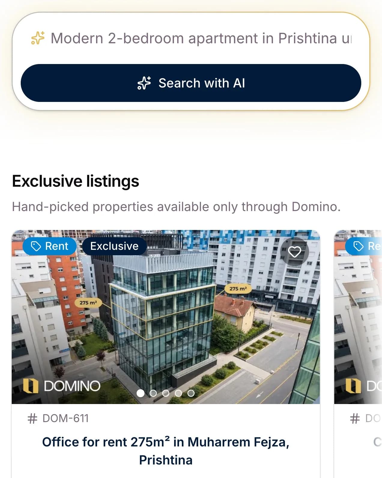 The Domino website on a phone: a home described in plain words is typed into the AI search box, then the first matching listing appears