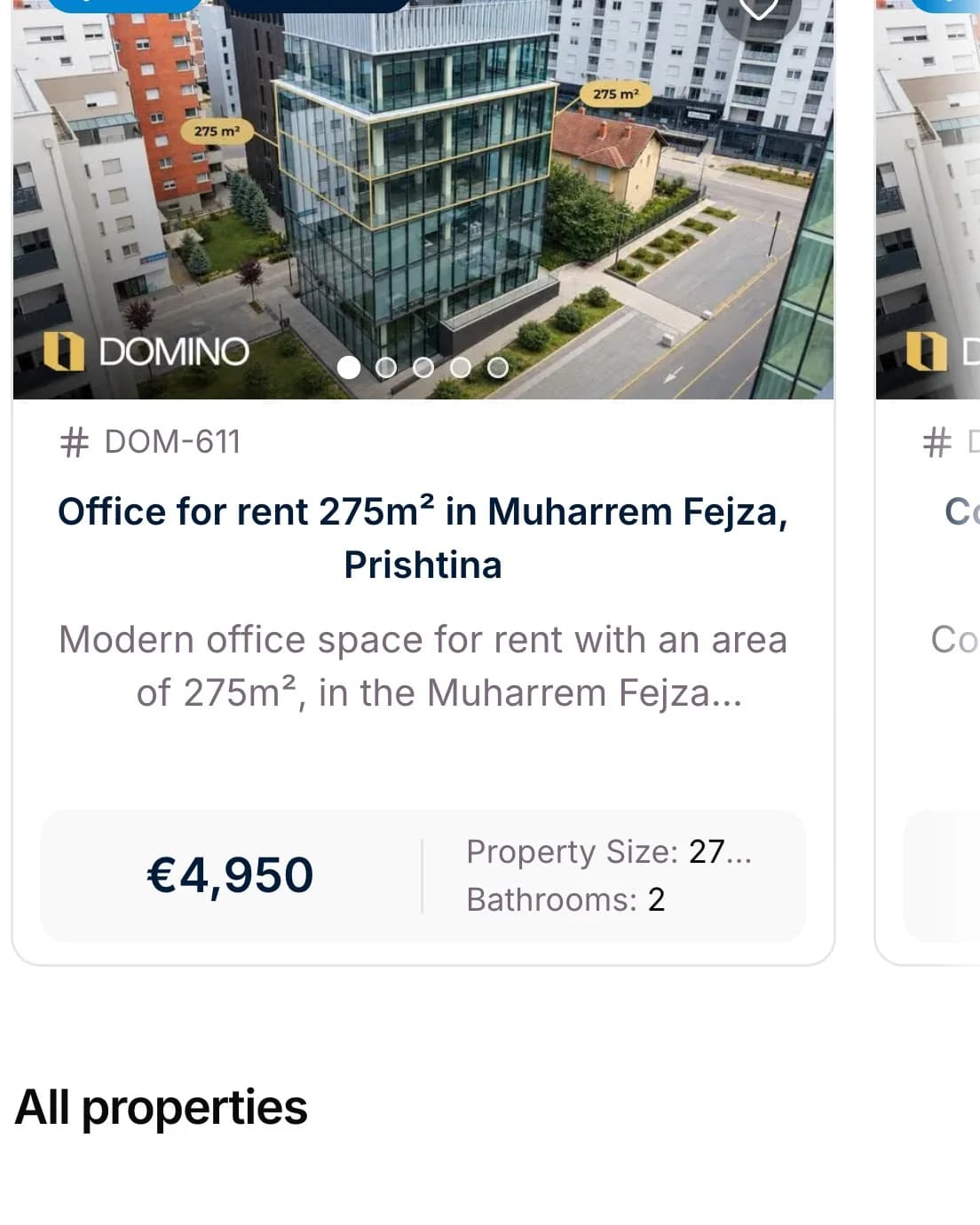 The Domino website on a phone switching from listing cards to a map of Prishtina