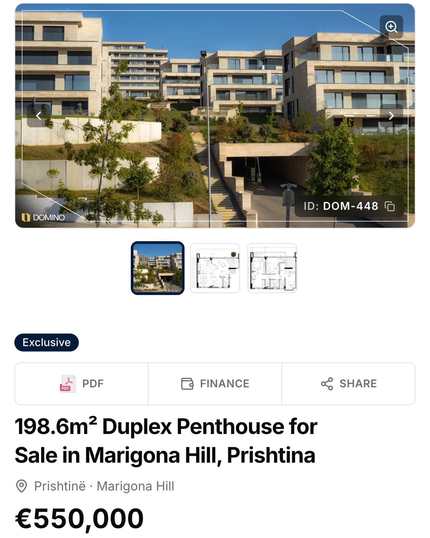 A Domino property page on a phone: the photo gallery of a duplex penthouse, then its title and its price