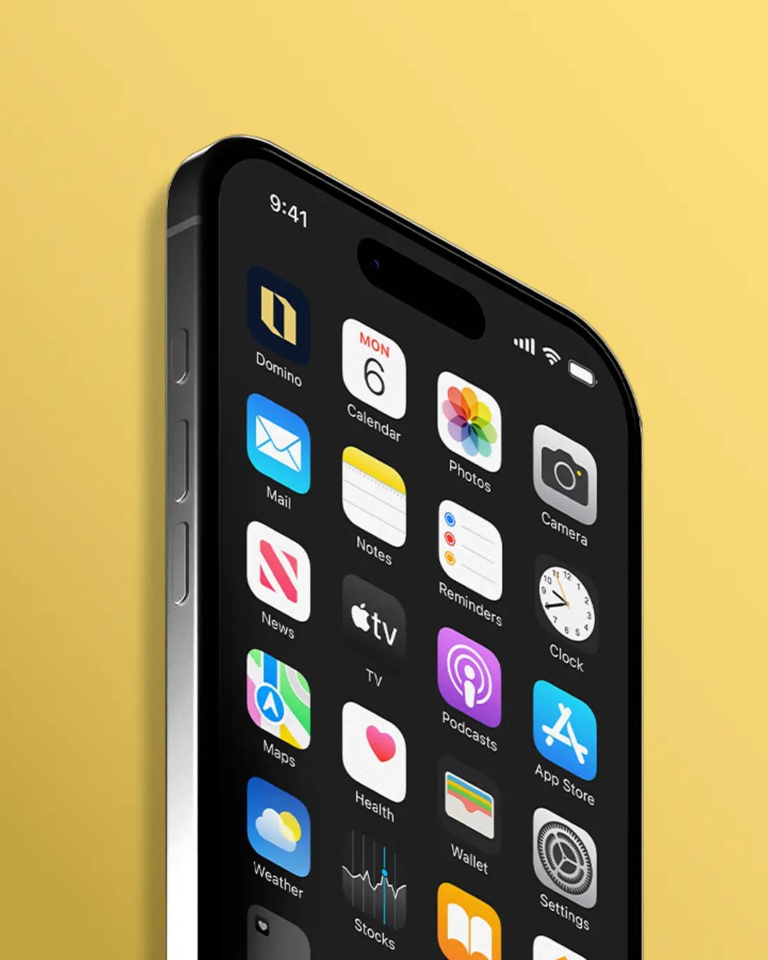 Close-up of an iPhone home screen on a yellow background, with the Domino app first beside Calendar, Photos and Camera