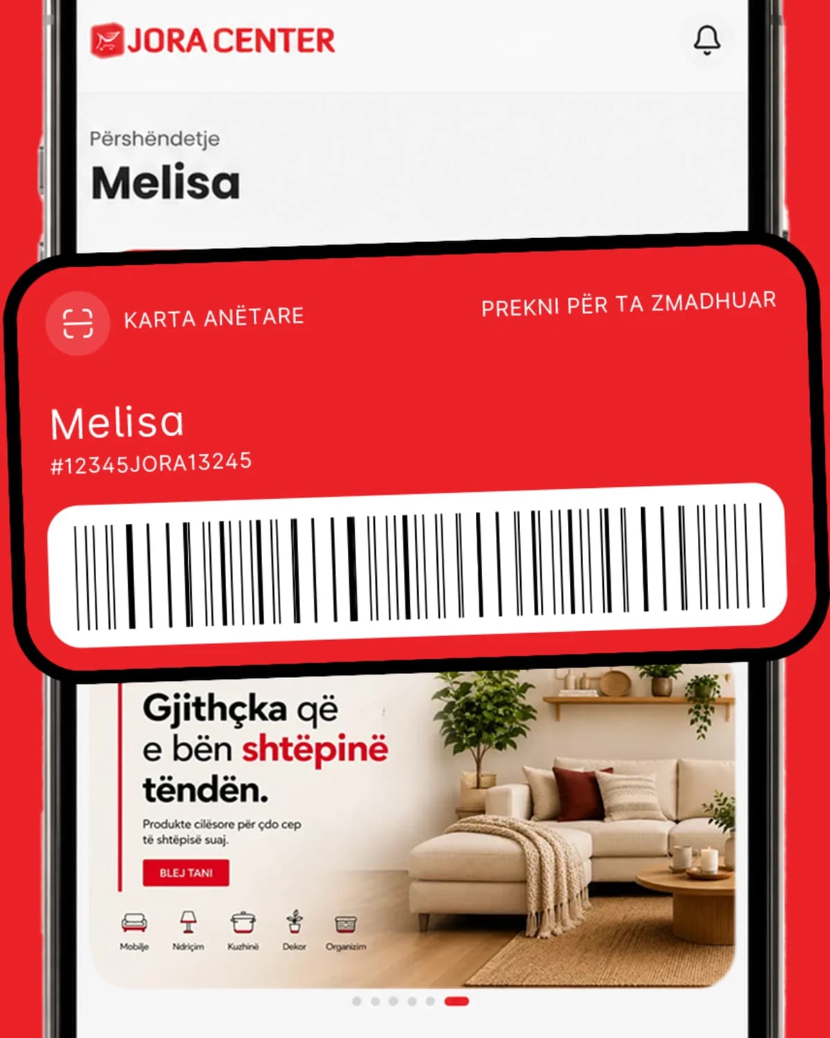 App-Store-Grafik für die App von Jora Center: der Startbildschirm eines fiktiven Mitglieds mit roter Kundenkarte und Barcode