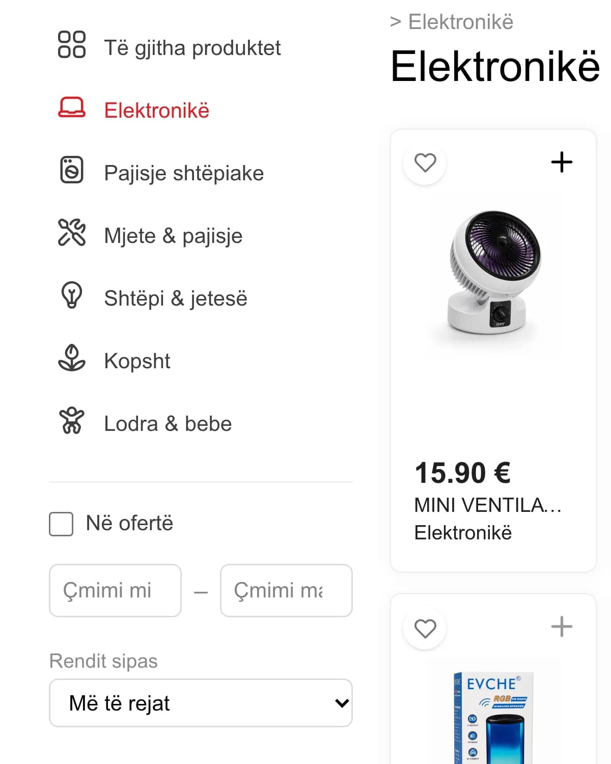 Die Kategorie Elektronik im Onlineshop von Jora Center auf einem Desktop-Bildschirm: Kategorieliste, ein Kontrollkästchen für Angebote, Felder für die Preisspanne und ein Sortiermenü neben den ersten Produktkacheln