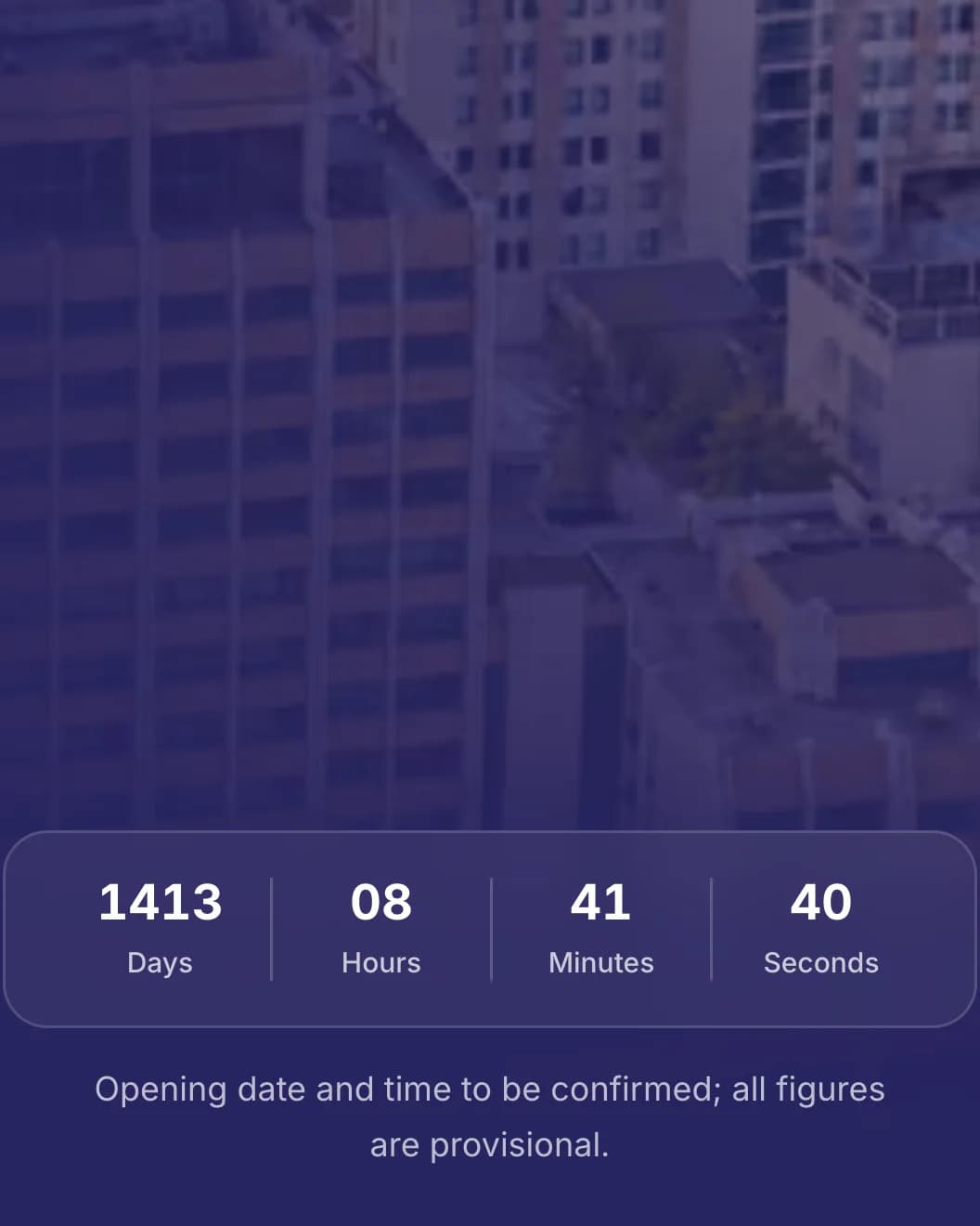 The Prishtina 2030 countdown on a phone: days, hours, minutes and seconds, then a note that the opening date and time are to be confirmed and all figures are provisional