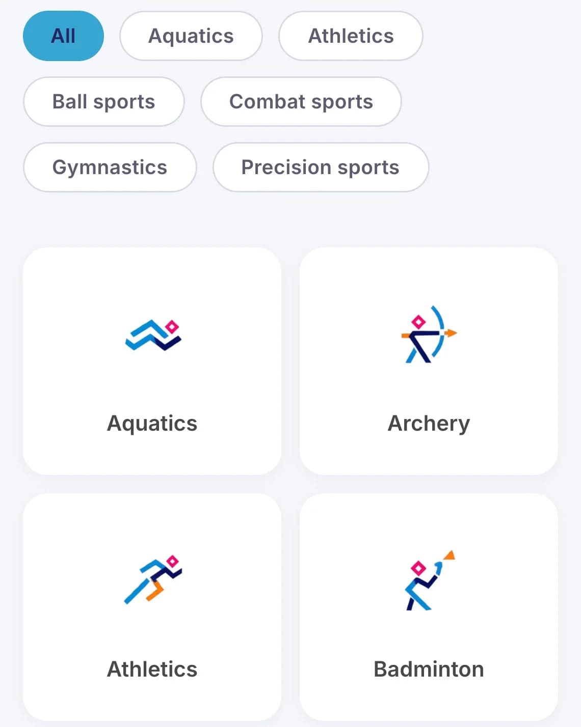 The Prishtina 2030 sports page on a phone: the Precision sports filter is pressed and the grid of sports narrows to archery, climbing and shooting, then the filter is released