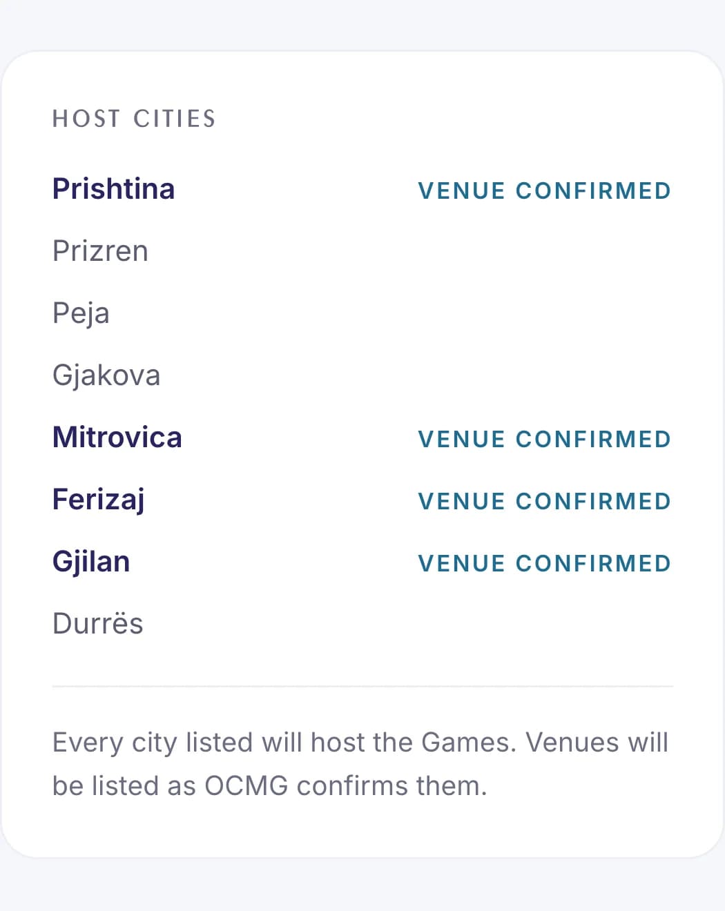 The Host cities card of the Prishtina 2030 venues page on a phone, with the confirmed venues marked and a note that venues are listed as they are confirmed